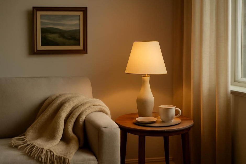 Cozy living room corner with a lamp, a folded throw on an armchair, and a small tray on a side table