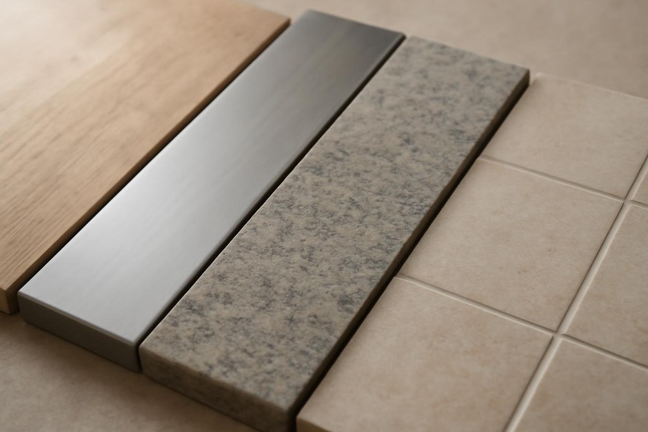 Close-up of different tabletop materials arranged side by side: wood, steel, stone, and tile