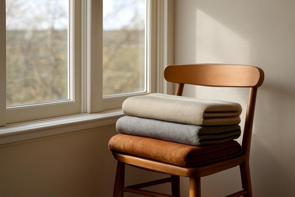 A sunlit window with folded wool throws on a chair